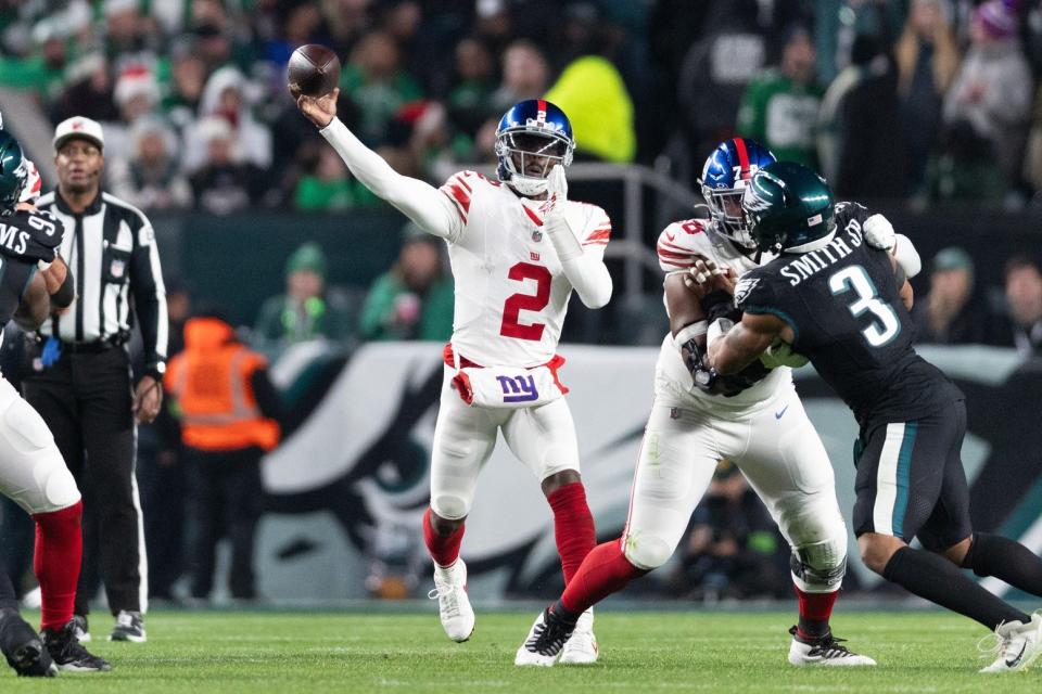 Dec 25, 2023; Philadelphia, Pennsylvania, USA; New York Giants quarterback Tyrod Taylor (2) passes the ball against the Philadelphia Eagles during the third quarter at Lincoln Financial Field. Mandatory Credit: Bill Streicher-USA TODAY Sports