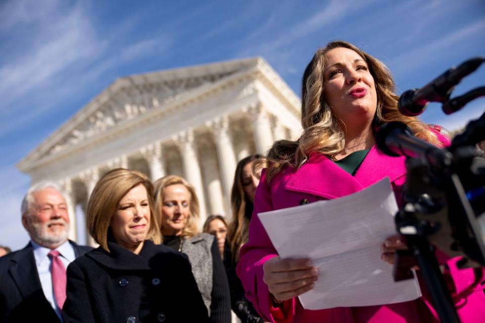 Lorie Smith speaks outside the Supreme Court in December 2022. (AP)