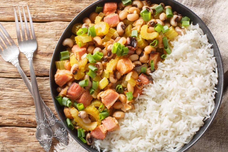 Hoppin' John is usually made of black eyed peas, rice and other ingredients.