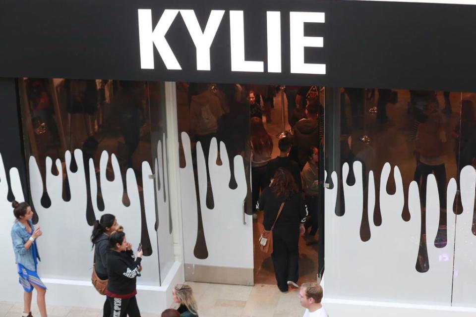 Kylie Jenner’s pop-up store at Topanga Westfield includes her Kylie Cosmetics beauty line, as well as her self-branded underwear, phone cases, T-shirts and sweaters. - Credit: Splash.