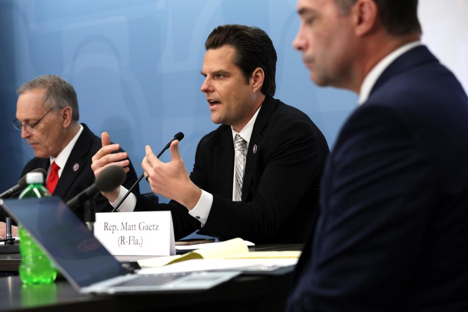 Rep. Matt Gaetz, R-Fla., speaks during a hearing at the Heritage Foundation on Tuesday in Washington, D.C.