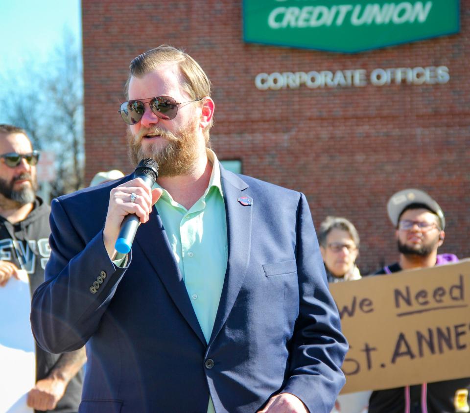 Brian Dunn of the Massachusetts AFL-CIO speaks at a rally for health care workers outside Saint Anne's Hospital in Fall River, pushing for secure ownership of Steward Health Care facilities, on Thursday, April 25, 2024.