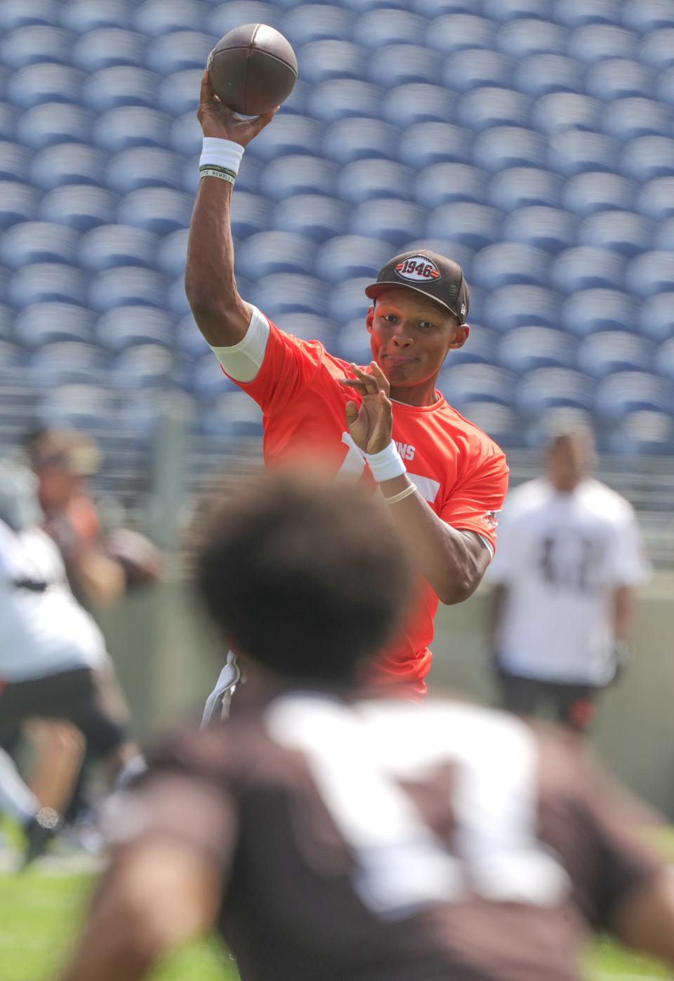 Cleveland Browns quarterback Joshua Dobbs throws a pass during minicamp on Wednesday, June 15, 2022 in Canton, Ohio, at Tom Benson Hall of Fame Stadium.