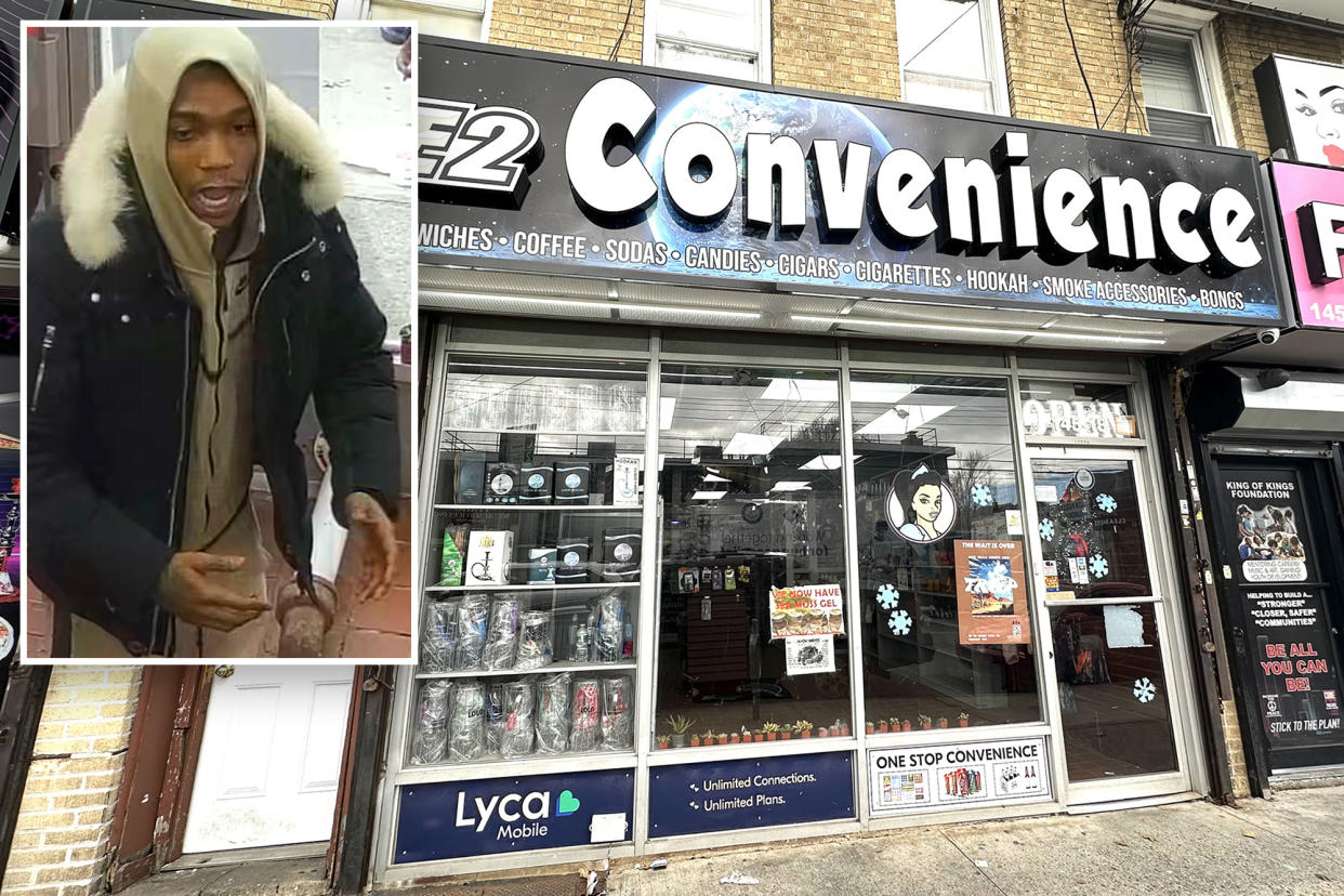 A composite shot of a suspect wanted for a shooting at the Ace2 Convenience store and an exterior of the store.