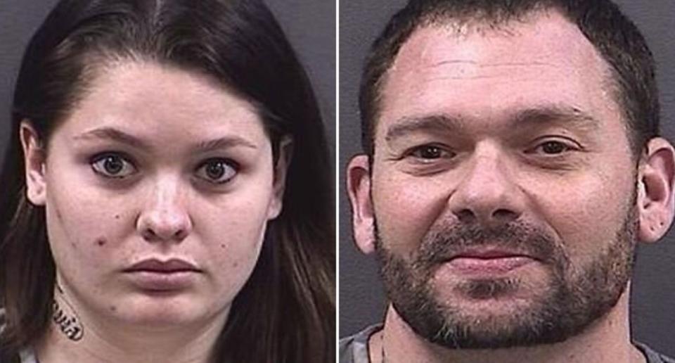 A split photo shows the mugshots of Samantha Kershner and Travis Fieldgrove after getting married in Nebraska. Source: Hall County Jail