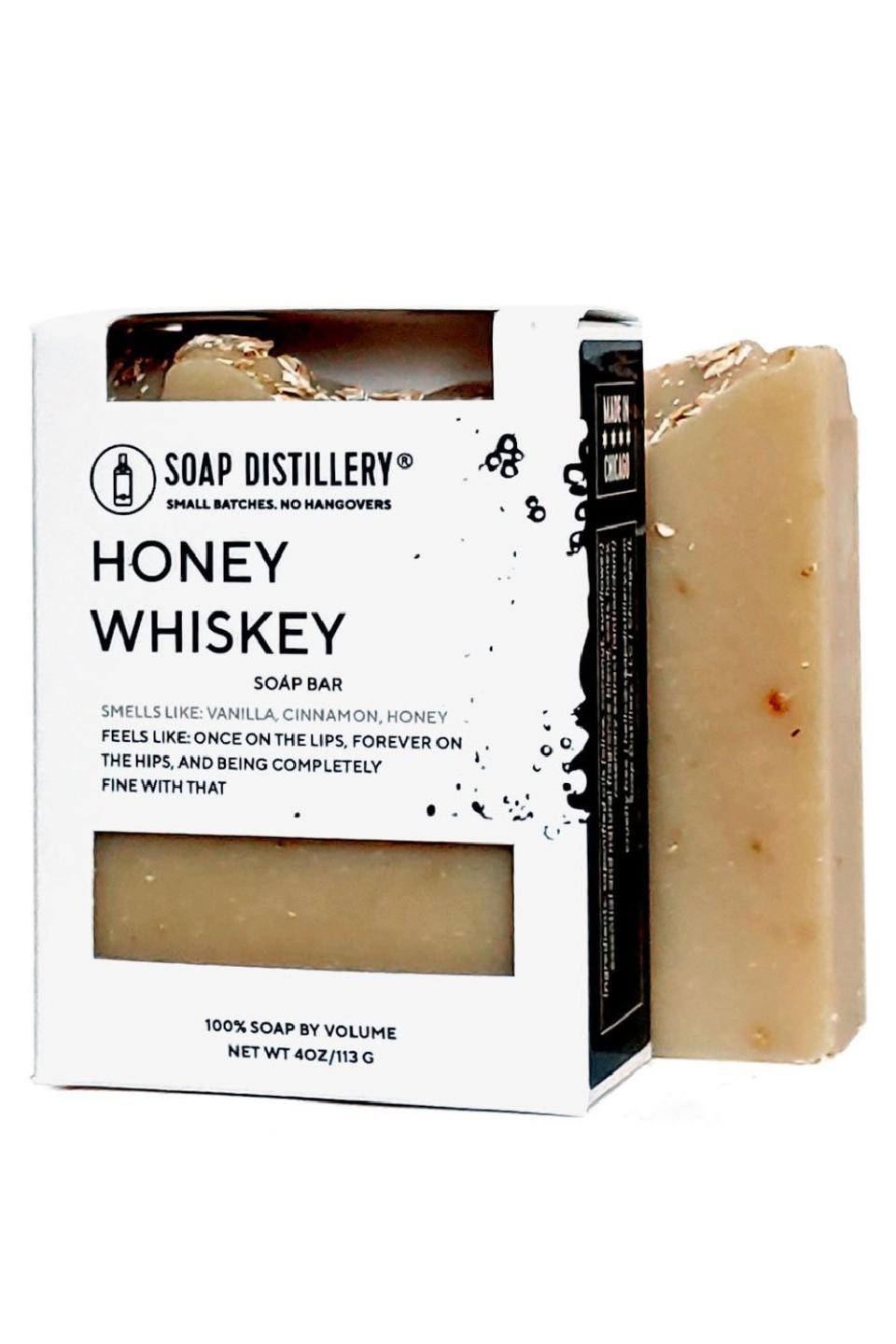 <p><a href="https://soapdistillery.com/collections/handmade-soaps/products/honey-whiskey-soap-bar?variant=31402685268083" rel="nofollow noopener" target="_blank" data-ylk="slk:Shop Now;elm:context_link;itc:0" class="link ">Shop Now</a></p><p>Honey Whiskey Soap Bar</p><p>soapdistillery.com</p><p>$8.00</p>