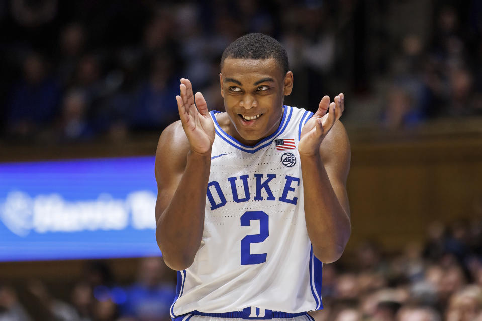 Duke's Jaylen Blakes (2) reacts to a play during the second half of an NCAA college basketball game against Florida State in Durham, N.C., Saturday, Dec. 31, 2022. (AP Photo/Ben McKeown)