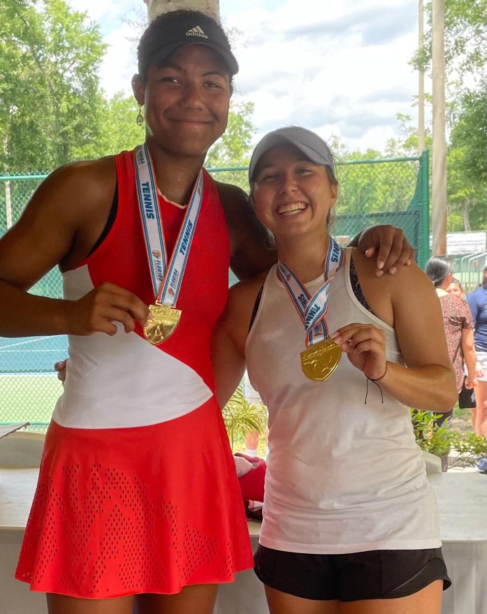 Vero Beach junior Grace Levelston and senior Manuela Van Cotthem won the FHSAA 4A doubles state championship Friday at Sanlando Park in Altamonte Springs, defeating Palmetto's Ameia Sorey and Alexa Schull 6-4, 6-1 on Friday, Apr. 29, 2022.