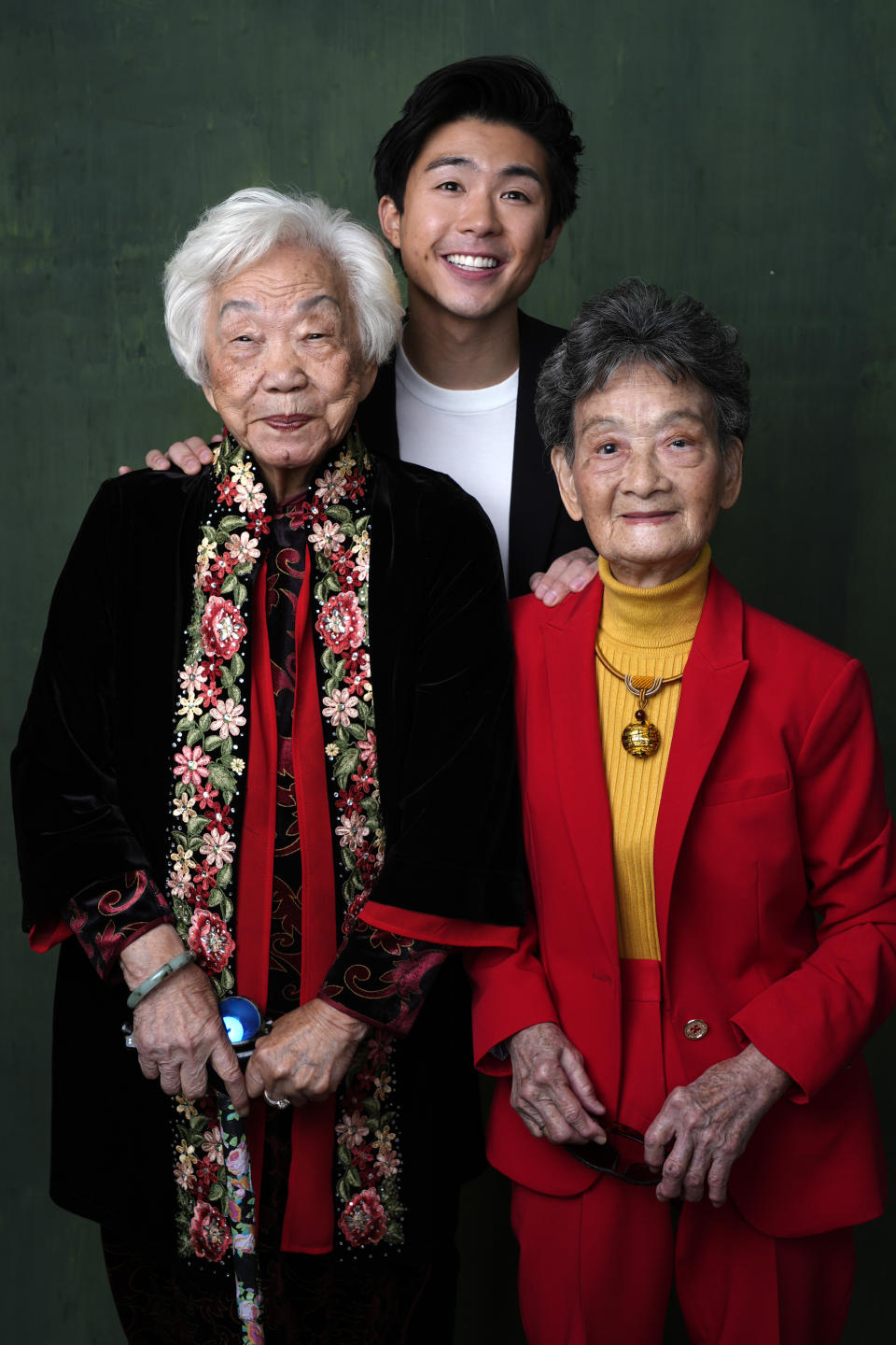 Yi Yan Fuei, from left, Sean Wang, and Zhang Li Hua pose for a portrait during the 96th Academy Awards Oscar nominees luncheon on Monday, Feb. 12, 2024, at the Beverly Hilton Hotel in Beverly Hills, Calif. (AP Photo/Chris Pizzello)