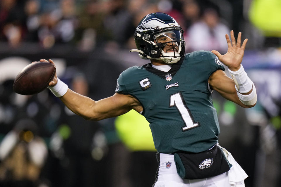 Philadelphia Eagles quarterback Jalen Hurts passes during the second half of the NFC Championship NFL football game between the Philadelphia Eagles and the San Francisco 49ers on Sunday, Jan. 29, 2023, in Philadelphia. (AP Photo/Seth Wenig)