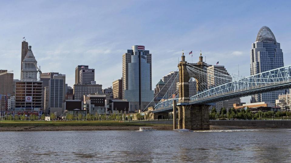 The Cincinnati skyline shows the Roebling Suspension Bridge and other iconic sights.