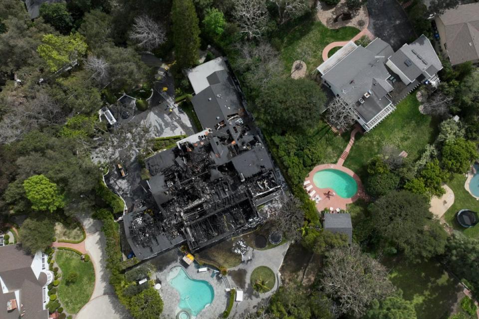 An aerial view shows a fire-damaged property, which appears to belong to Cara Delevingne (Copyright 2024 The Associated Press. All rights reserved)
