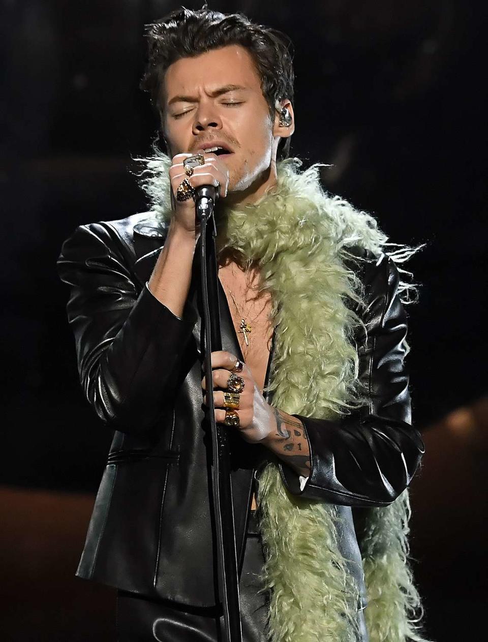 Harry Styles Is in a Rainbow Paradise Wearing a Sparkly Jumpsuit — and No Shirt! — at 2023 Grammys