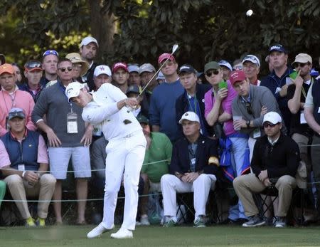 Apr 10, 2016; Augusta, GA, USA; Danny Willett hits his tee shot on the 16th hole during the final round of the 2016 The Masters golf tournament at Augusta National Golf Club. Mandatory Credit: Michael Madrid-USA TODAY Sports