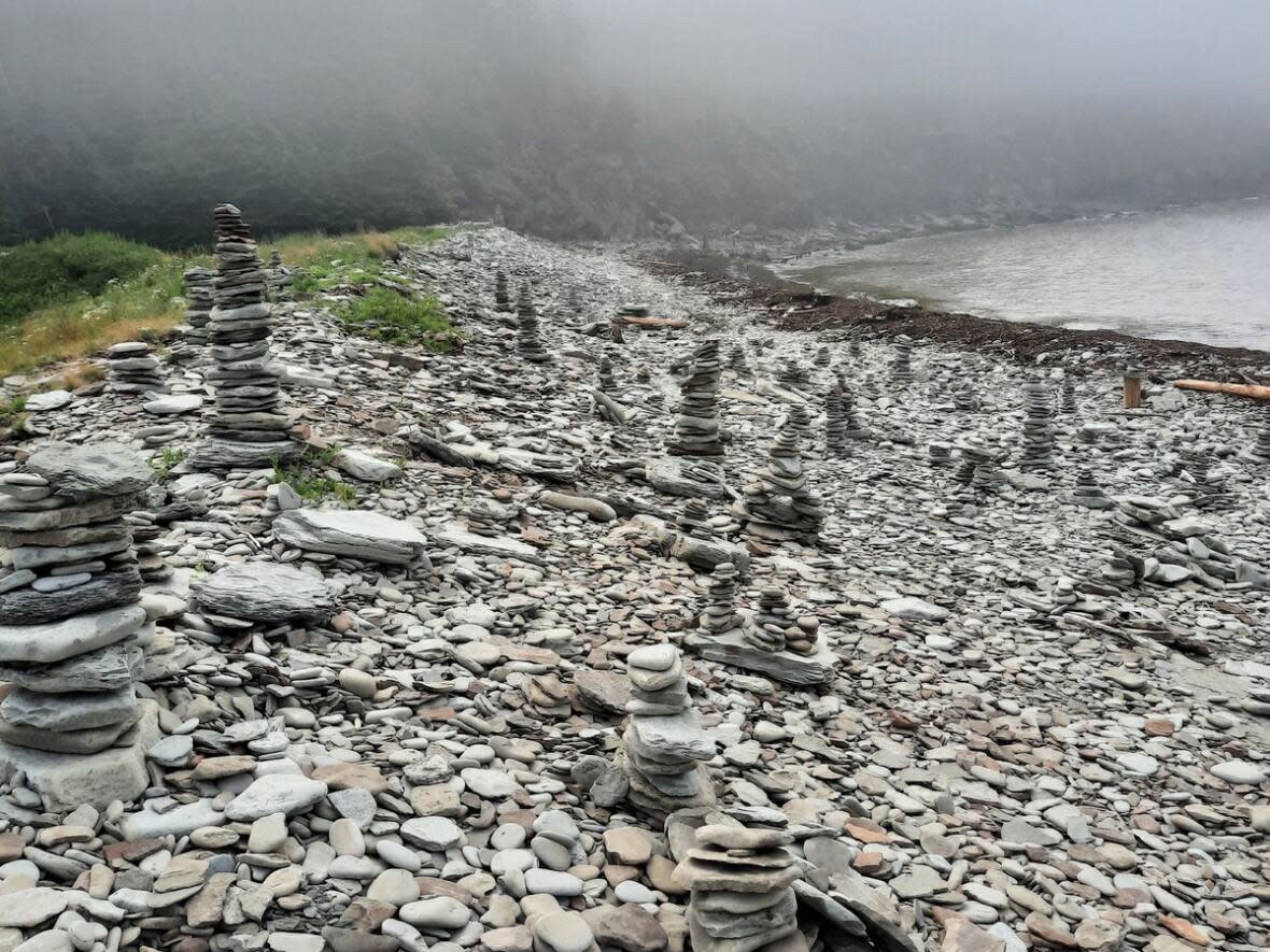 Pierrette Janes, a stewardship co-ordinator for Nature Trust, said the rock towers disrupt the integrity of the shoreline. (Submitted by the Nature Trust of New Brunswick - image credit)