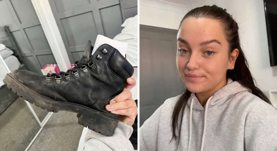 A composite image of boots received from Pretty Little Thing and a selfie of Emily Carragher . (Caters)