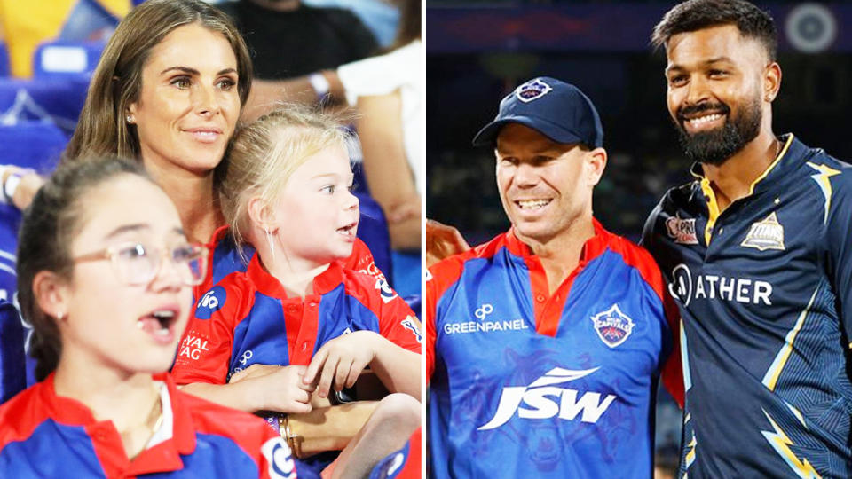 David Warner's family, pictured here watching on as the Delhi Capitals took on the Gujarat Titans in the IPL.