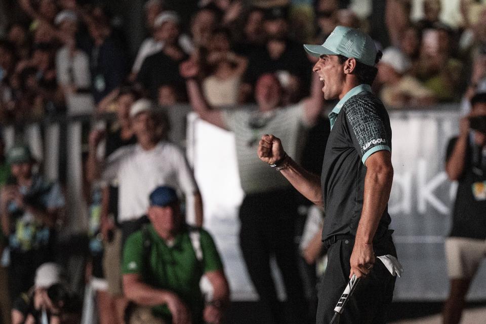 Captain Joaquín Niemann, of Torque GC, celebrates after making his putt on the fourth playoff hole on the 18th green to win during the final round of LIV Golf Mayakoba at El Camaleón Golf Course, Sunday, Feb. 4, 2024, in Playa del Carmen, Mexico. (Montana Pritchard/LIV Golf via AP)