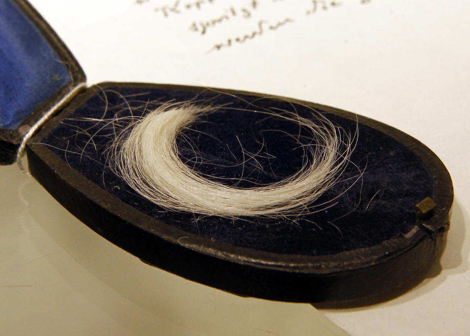 A lock of hair from Austrian Emperor Franz Josef on display at an auction house, in Vienna, Austria, Thursday, April 25, 2013. Bidders looking for a pair of mended underwear worn by a former emperor came away disappointed Thursday from an auction of Austrian imperial memorabilia. But a lock of his hair was on offer, and went under the hammer for nearly 14,000 euros (around $18,000) , more than 20 times its listed worth. Vienna's prestigious Dorotheum auction house had said Emperor Franz-Josef's linen would be put on the block, suggesting there was a least a chance that one of the parsimonious ruler's patched undergarments would be put on sale. (AP Photo/Ronald Zak)