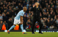 <p>Soccer Football – Champions League Quarter Final Second Leg – Manchester City vs Liverpool – Etihad Stadium, Manchester, Britain – April 10, 2018 Manchester City manager Pep Guardiola and Fernandinho at half time REUTERS/Darren Staples </p>