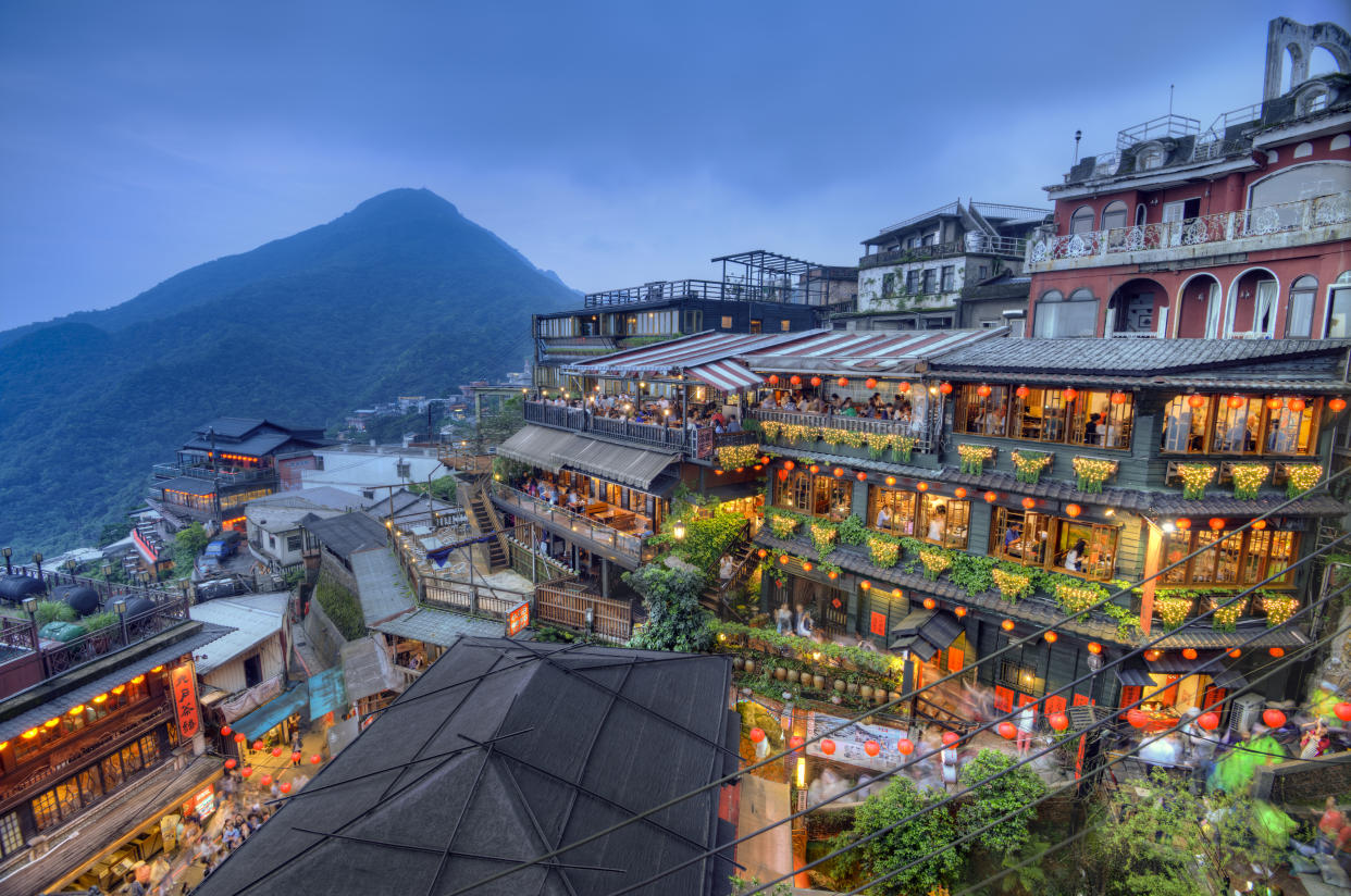 Beautifully decorated teahouses at the touristy mountain town of Juifen in Taiwan. 
