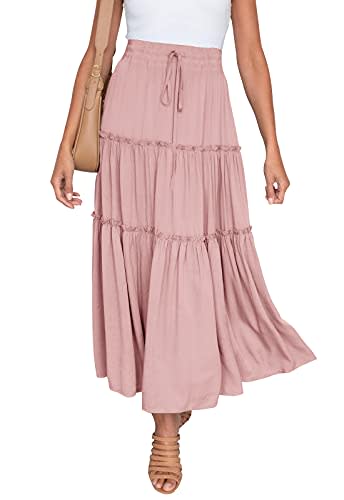 HAEOF Women's Boho Elastic High Waist A Line Ruffle Swing Beach Maxi Skirt with Pockets Pink