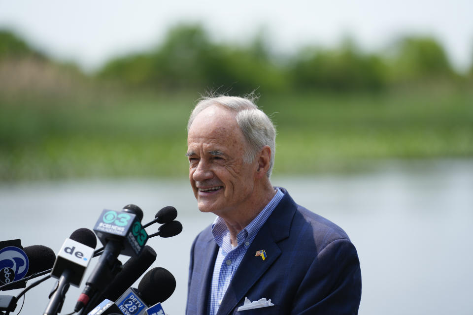 Sen. Tom Carper, D-Del., speaks during a news conference in Wilmington, Del., Monday, May 22, 2023. Carper announced Monday that he will not seek re-election to a fifth term in the U.S. Senate. (AP Photo/Matt Rourke)