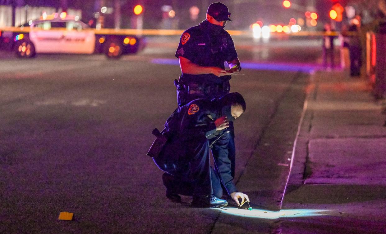 Visalia Police investigate a shooting in the 200 block of West Houston Avenue on Monday, Jan. 24, 2022. Witnesses reported multiple shots fired before a man was transported to Kaweah Health with major injuries. Life-saving measures were performed by officers first on scene until medical personnel arrived to take over. Houston was closed to traffic while bullet casings and other evidence was collected.