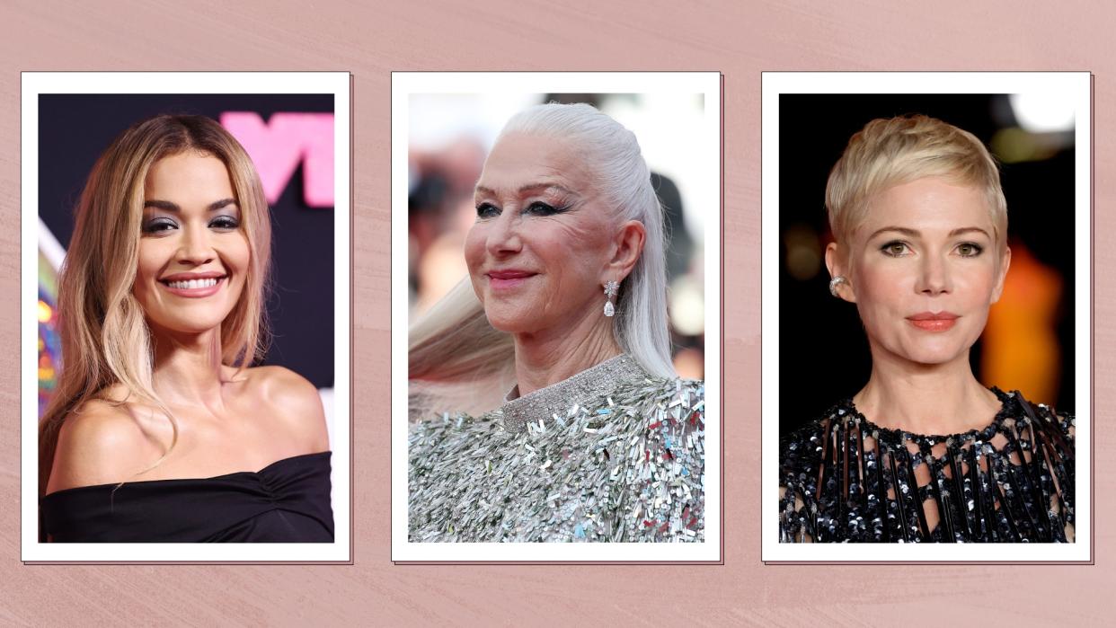  Rita Ora is picture with blonde highlights alongside a picture of Helen Mirren, who is seen with platinum blonde hair extensions and finally, a picture of Michelle Williams, who has a platinum blonde pixie cut/ in a pink textured, 3-picture template to illustrate outdated hair trends. 