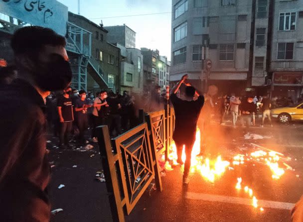 PHOTO: Iranian demonstrators taking to the streets of the capital Tehran during a protest for Mahsa Amini, days after she died in police custody in a photo obtained on Sept. 21, 2022.  (AFP via Getty Images)