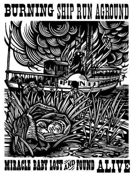 This woodcut print depicts the tale of the miracle baby, saved from the steamboat William Penn after it burned in 1834.