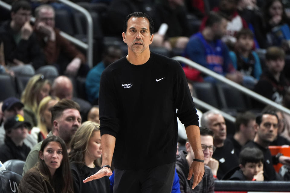 Miami Heat head coach Erik Spoelstra watches against the Detroit Pistons in the first half of an NBA basketball game in Detroit, Sunday, March 17, 2024. (AP Photo/Paul Sancya)