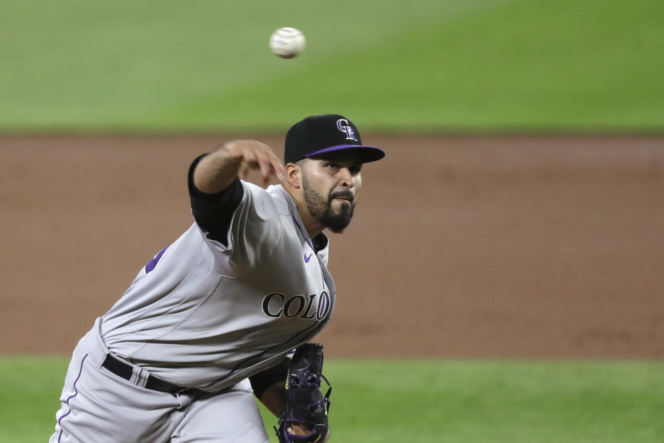 Colorado Rockies starting pitcher Antonio Senzatela throws against the Seattle Mariners in the third inning of a baseball game Friday, Aug. 7, 2020, in Seattle. (AP Photo/Elaine Thompson)