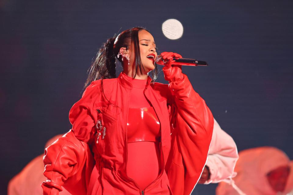 Rihanna performs Feb. 12, 2023, during her Super Bowl halftime show.