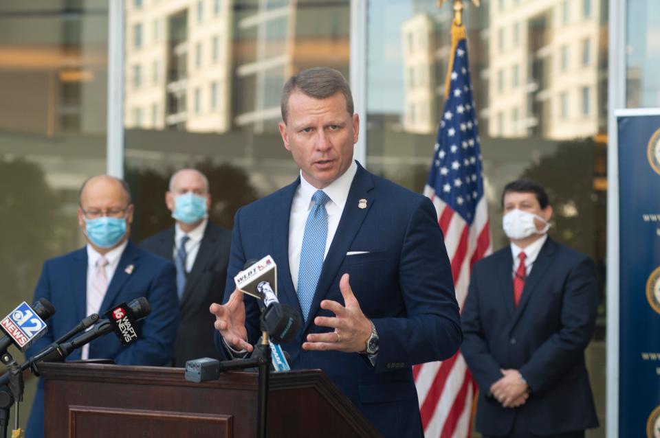 Former U.S. Attorney Mike Hurst speaks during a news conference at the Thad Cochran U.S. Courthouse in Jackson on Aug. 6, 2020. Hurst on Saturday was elected to lead the state GOP.