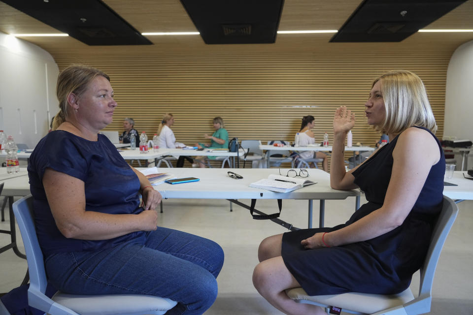 Ukrainian mental health professionals learn how to treat trauma victims in a special three-week course run by the Israeli Metiv organization in Herzog Medical Center in Jerusalem, Wednesday, July 20, 2022. Awareness for recognizing and treating mental trauma remains relatively low in Ukraine. (AP Photo/Tsafrir Abayov)