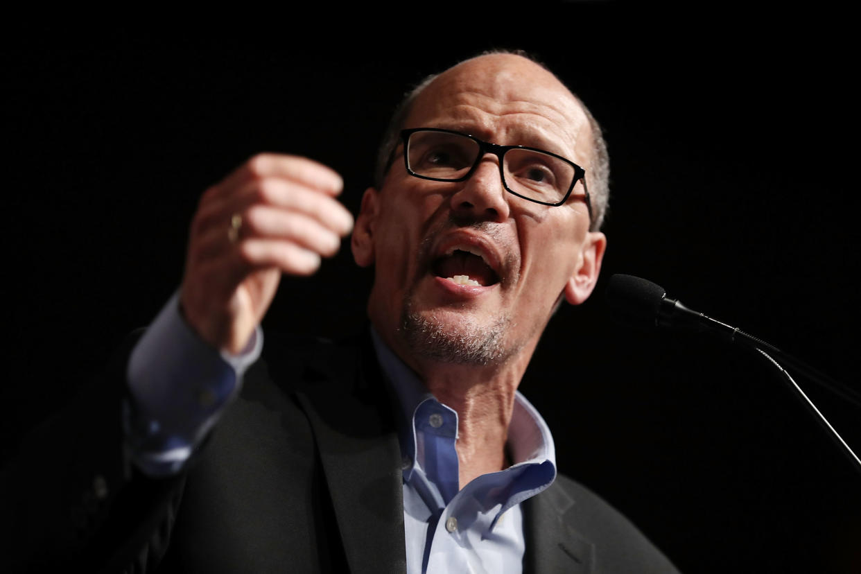 DNC Chair Tom Perez speaks during a “Come Together and Fight Back” tour in Miami in April. (Photo: Joe Raedle/Getty Images)