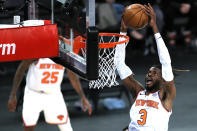 New York Knicks' Nerlens Noel goes to the basket during the second half against the Charlotte Hornets in an NBA basketball game Tuesday, April 20, 2021, in New York. (Sarah Stier/Pool Photo via AP)