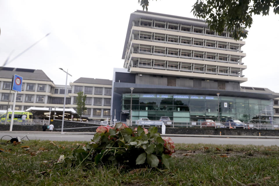 FILE - In this March 16, 2019, file photo, flowers are placed outside Christchurch Hospital in Christchurch, New Zealand. Health Minister Andrew Little said Wednesday, April 21, 2021, that New Zealand will overhaul its fragmented healthcare system to create a new national service similar to the one revered by many in Britain. (AP Photo/Mark Baker, File)