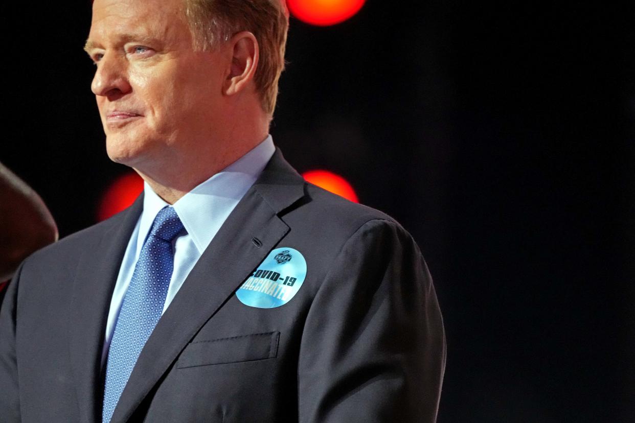 Apr 29, 2021; Cleveland, Ohio, USA; NFL commissioner Roger Goodell wears a sticker that reads 