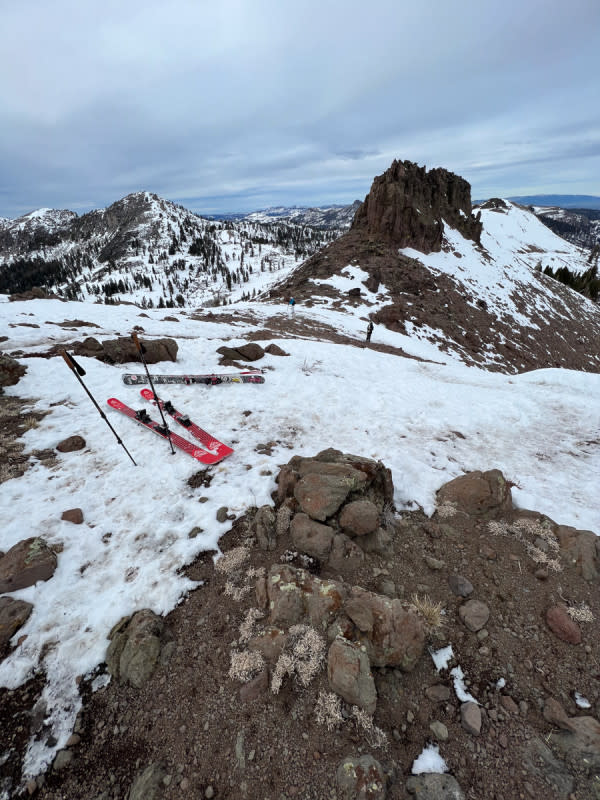 Low tide Mainline Pocket, early season. Our skis parked up while we inspected the descent. Photo: Ella Boyd/Powder Magazine. 