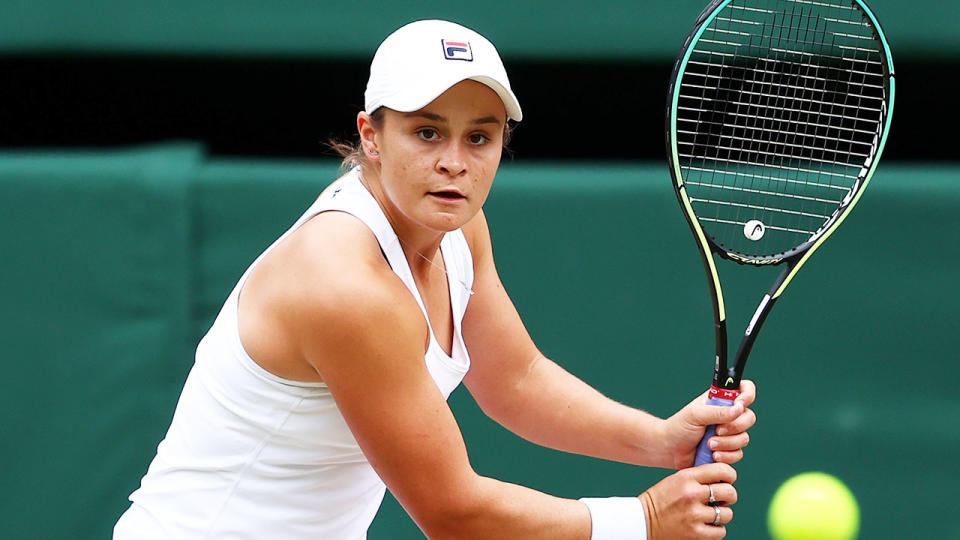 Ash Barty is pictured here in her Wimbledon 2021 semi-final match.