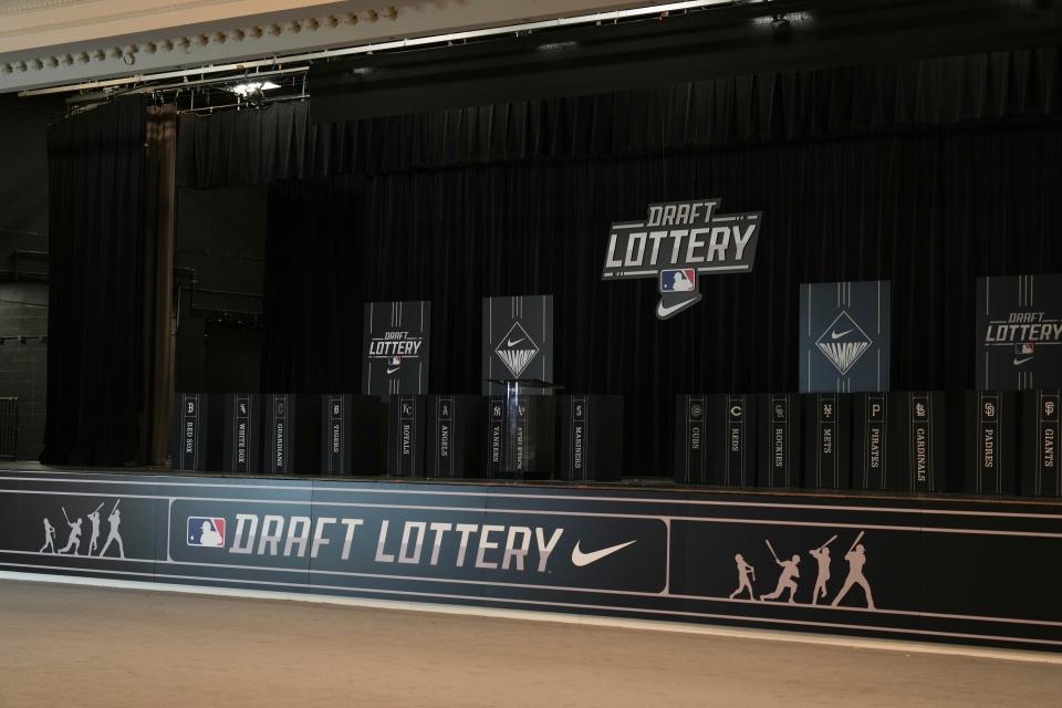 A view of the draft lottery stage at the MLB Winter Meetings, Dec. 4, 2023 in Nashville, Tenn.