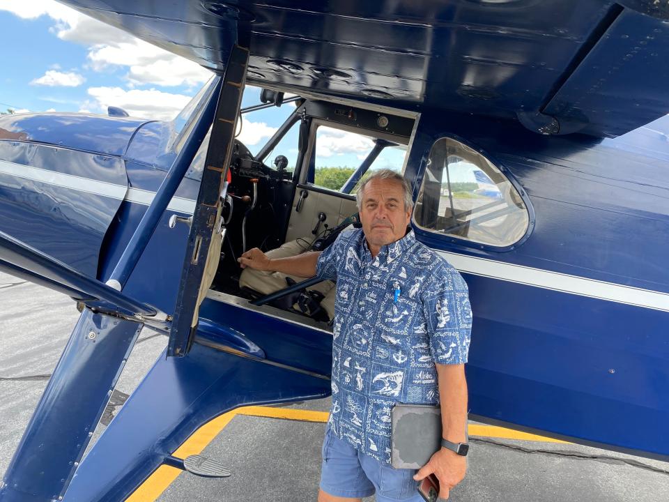 Chuck Wright, standing near his plane on the tarmac at Taunton Municipal Airport on Wednesday, Aug. 2, 2023, is running for mayor of Taunton.