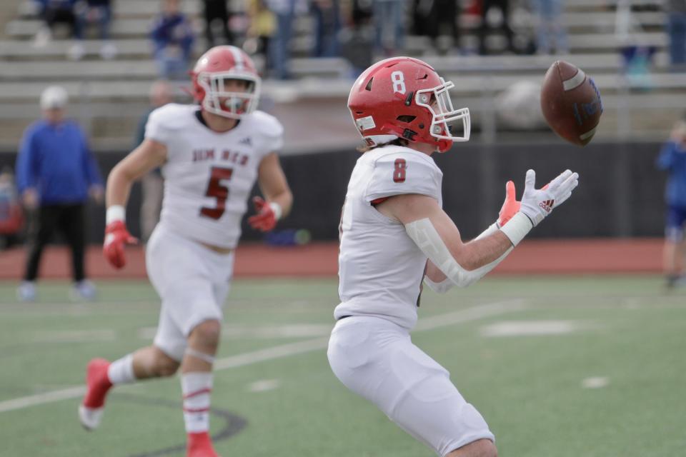 Jim Ned's Troy Doran fields a kickoff in the first half of the Indians' 70-25 loss to Brock.