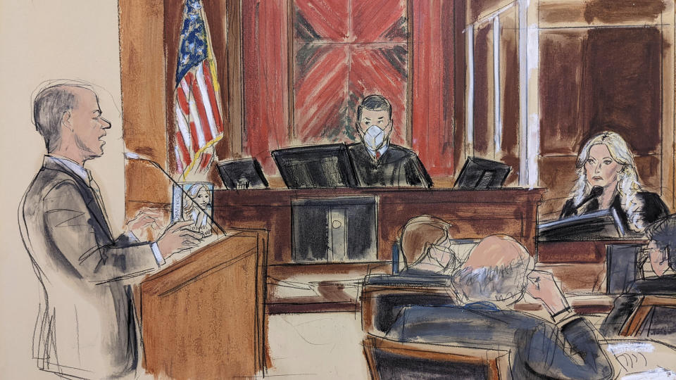 In this courtroom sketch, Michael Avenatti, left, representing himself, holds a copy of the book that Stormy Daniels authored as he questions her, seated right, Friday, Jan. 28, 2022, in New York. Testimony by Daniels at Avenatti's fraud trial took a ghostly turn Friday as the porn star recounted scary moments in a haunted New Orleans home and acknowledged wishing the worst for Avenatti if he went to prison. (AP Photo/Elizabeth Williams)