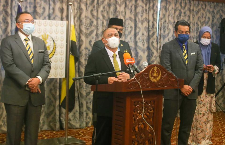 Perak Mentri Besar Datuk Saarani Mohamad addresses members of the press at the Perak Darul Ridzuan Building in Ipoh September 22, 2021. — Picture by Farhan Najib