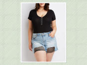 <p>Plus-size Dollhouse Frayed Denim Shorts With Mesh, $29 (on sale $21), <a rel="nofollow noopener" href="https://www.charlotterusse.com/plus-size-dollhouse-frayed-denim-shorts/302513122.html?dwvar_302513122_color=467&cgid=plus-sizes#start=1" target="_blank" data-ylk="slk:Charlotte Russe;elm:context_link;itc:0;sec:content-canvas" class="link ">Charlotte Russe</a> (Photo: Charlotte Russe) </p>