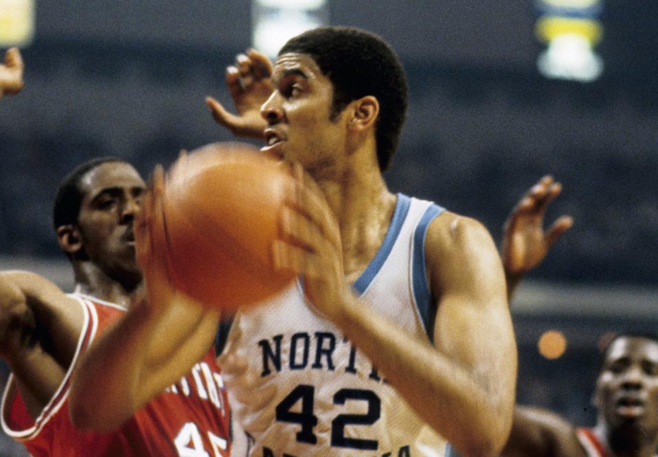 North Carolina Tarheels center (42) Brad Daugherty in action against the North Carolina State Wolfpack during the 1985 season. Malcolm Emmons-USA TODAY Sports