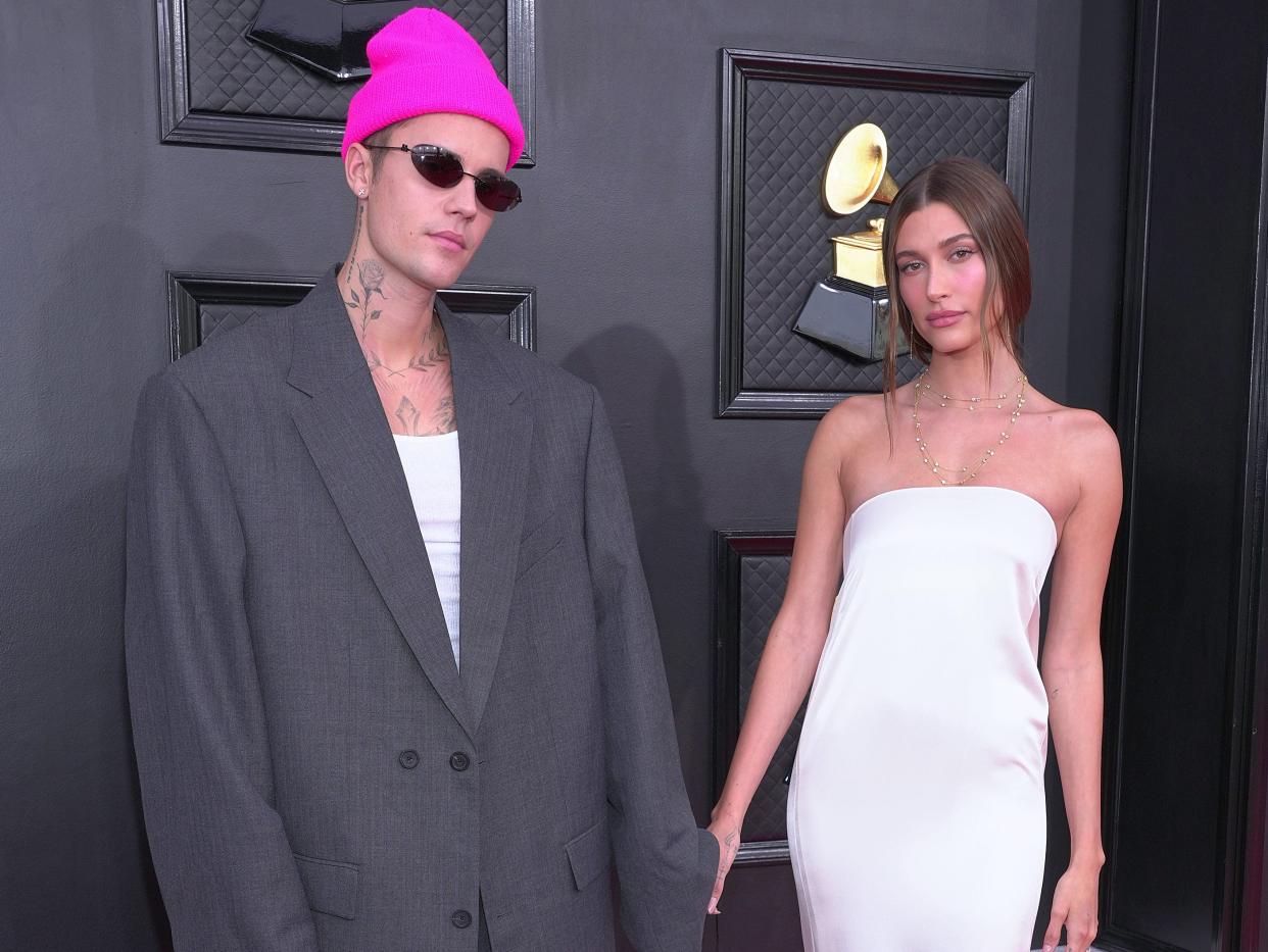 justin bieber and hailey bieber at the 2022 grammys